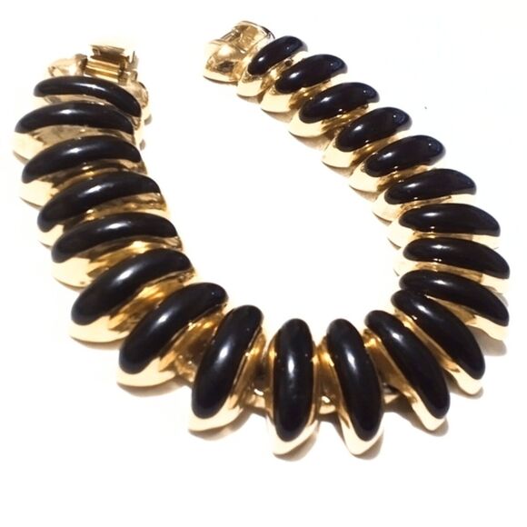 Vintage Erwin Pearl Gold Tone Black Enamel Chunky Link Bracelet - Picture 5 of 8